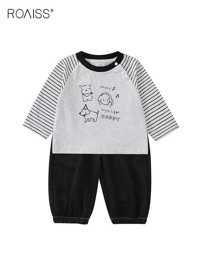 رويس طقم تي شيرت وجينز للأطفال الرضع، ملابس أنيقة لفصلي الربيع والخريف للأطفال الصغار بنقوش رائعة، قميص بأكمام طويلة وسروال كاوبوي بخصر مطاطي، طقم ملابس مريح من قطعتين للأولاد، مناسب للارتداء اليومي والأنشطة الخارجية - Image 1