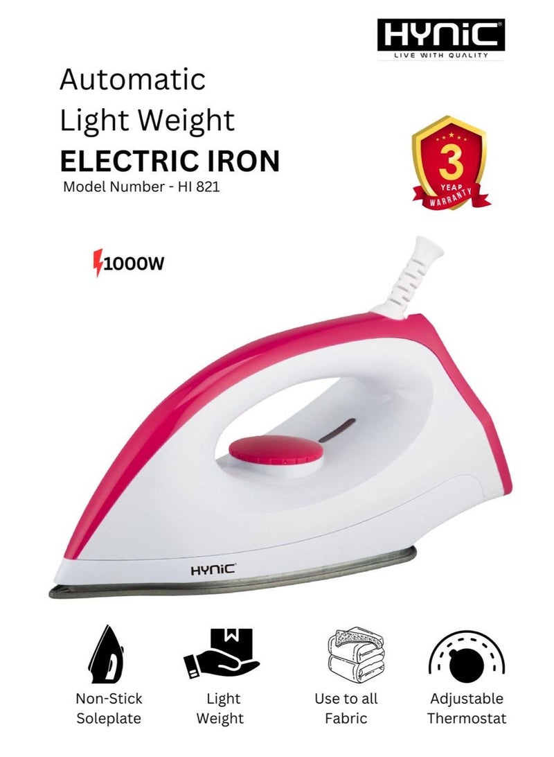 Hynic Lightweight Automatic Electric Iron | 1000W with Non-Stick Ceramic Soleplate | Adjustable Thermostat | 5-Fabric Heat Settings | 360° Swivel Cord | and Thermal Safety Fuse | Pink & White - Image 1