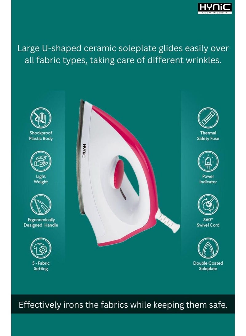 Hynic Lightweight Automatic Electric Iron | 1000W with Non-Stick Ceramic Soleplate | Adjustable Thermostat | 5-Fabric Heat Settings | 360° Swivel Cord | and Thermal Safety Fuse | Pink & White - Image 2