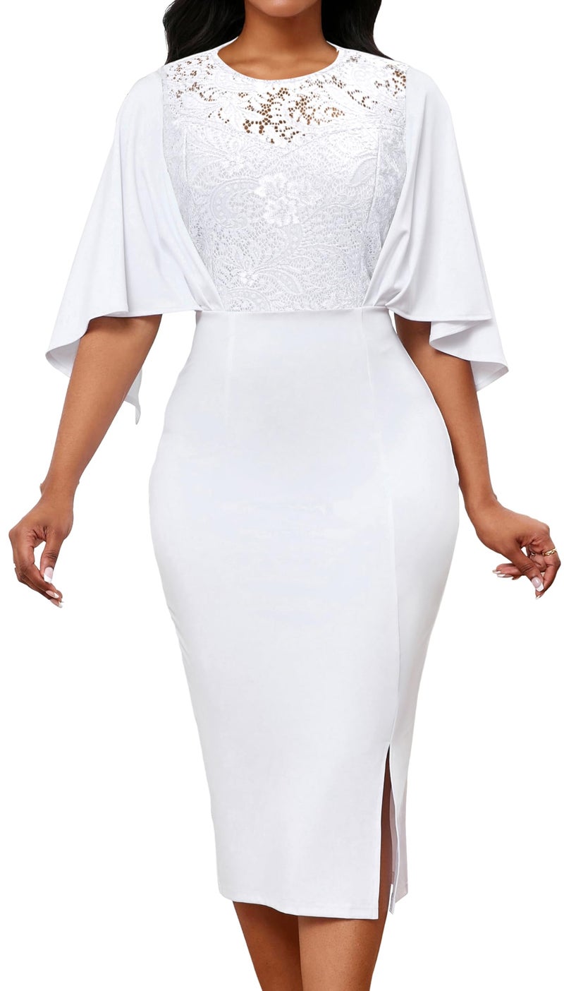 sexycherry White Lace Dress for Women Wedding Guest Elegant Sexy Short Sleeve Knee Length Dress Party Evening(Small) - Image 3