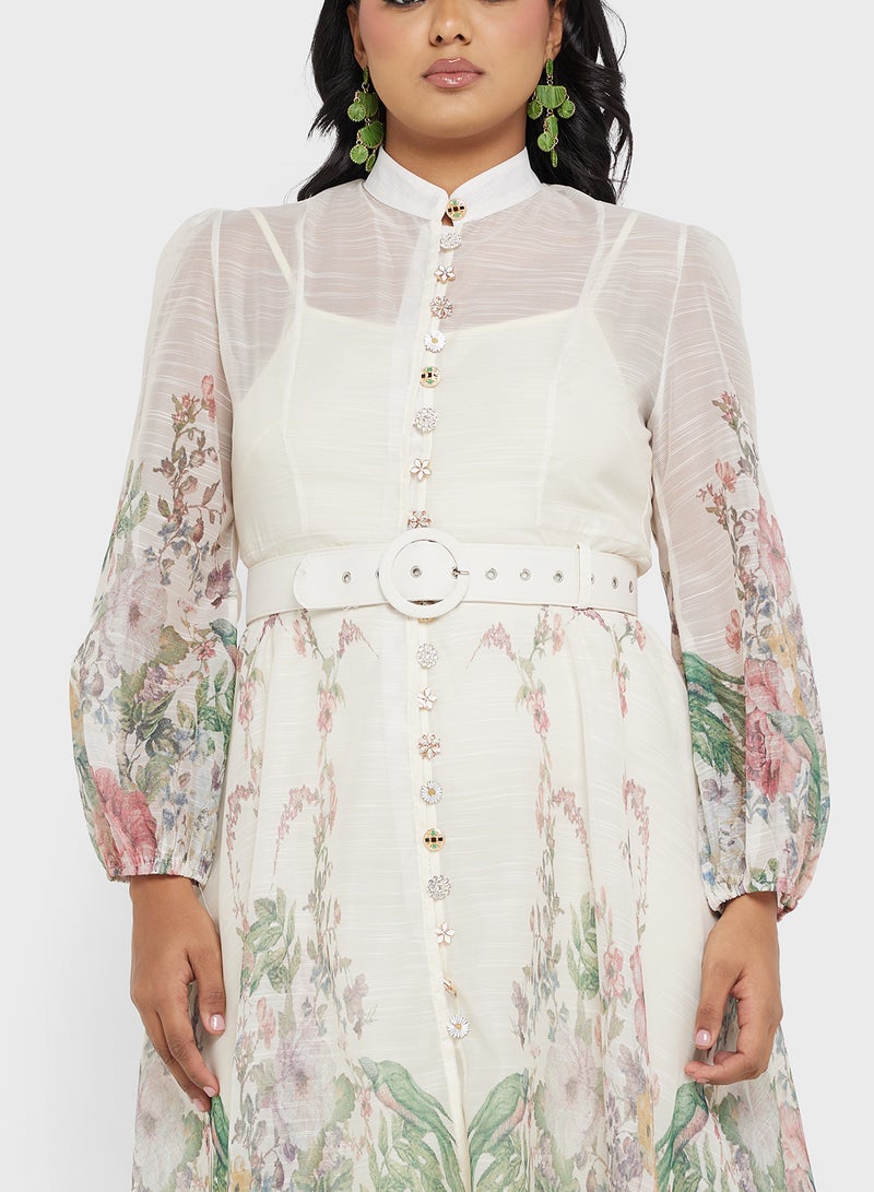 خزانة فستان ميدي بحزام بنقوش الزهور - Image 3