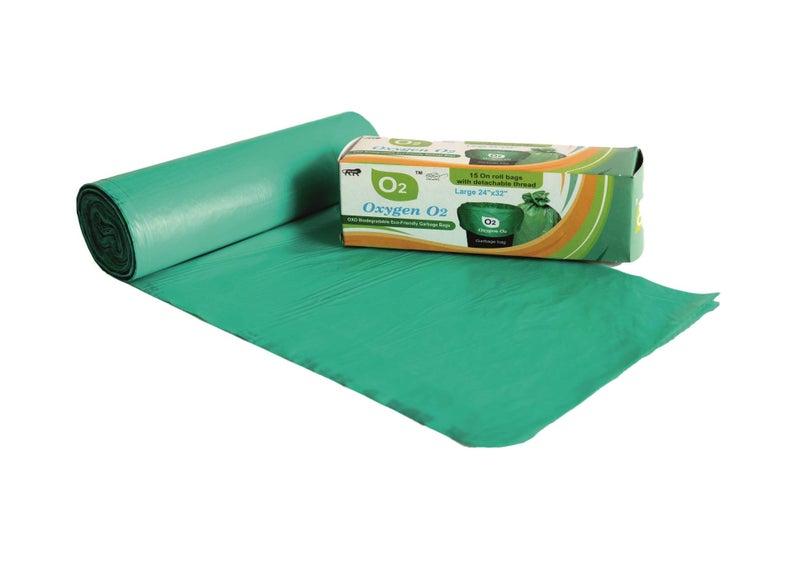 O2 Dustbin Bags Biodegradable For Kitchen, Office, Large Size (Green, 24" X 32", 01 Roll = 15 Bag)(Garbage Bags/Trash bags) - Image 1