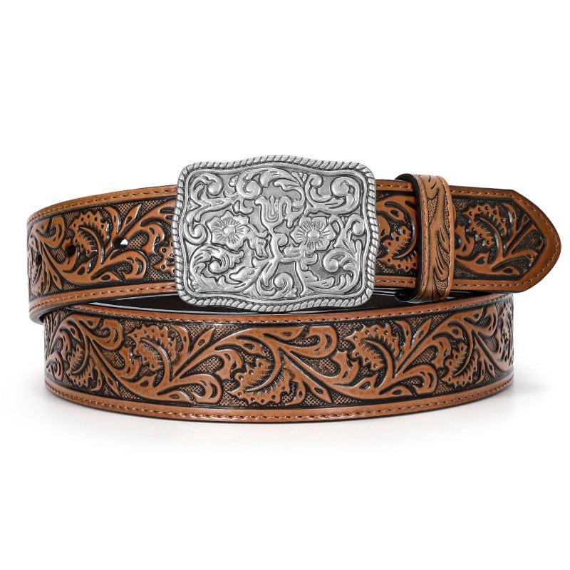 TRIWORKS Western Belts for Women Men Cowgirl Cowboy Embossed Engraved Tooled Leather Belt with Buckle for Jeans Pants Rodeo,E-Brown,Fit Waist Size 30"-34" - Image 1