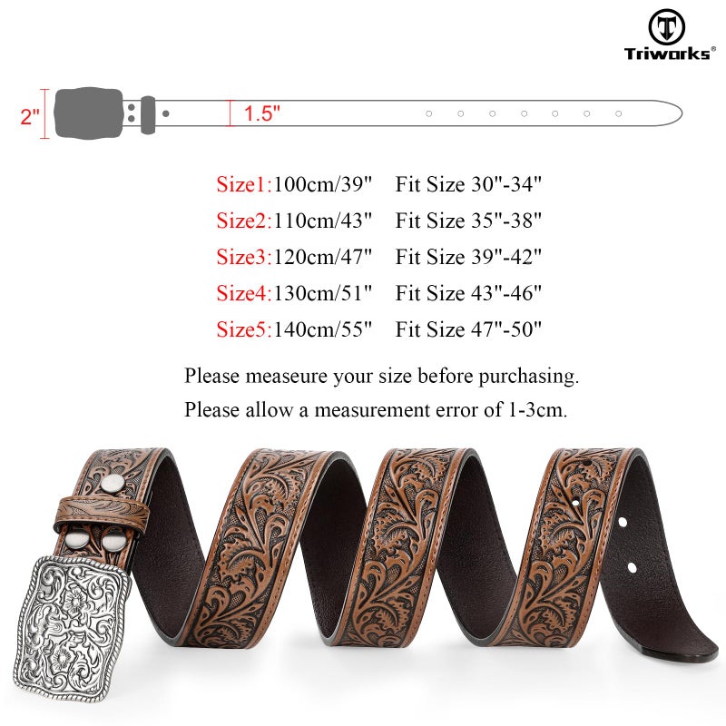 TRIWORKS Western Belts for Women Men Cowgirl Cowboy Embossed Engraved Tooled Leather Belt with Buckle for Jeans Pants Rodeo,E-Brown,Fit Waist Size 30"-34" - Image 5