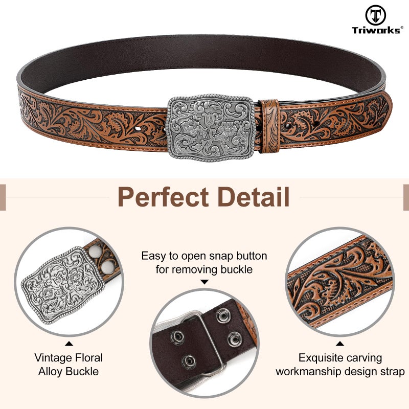 TRIWORKS Western Belts for Women Men Cowgirl Cowboy Embossed Engraved Tooled Leather Belt with Buckle for Jeans Pants Rodeo,E-Brown,Fit Waist Size 30"-34" - Image 2