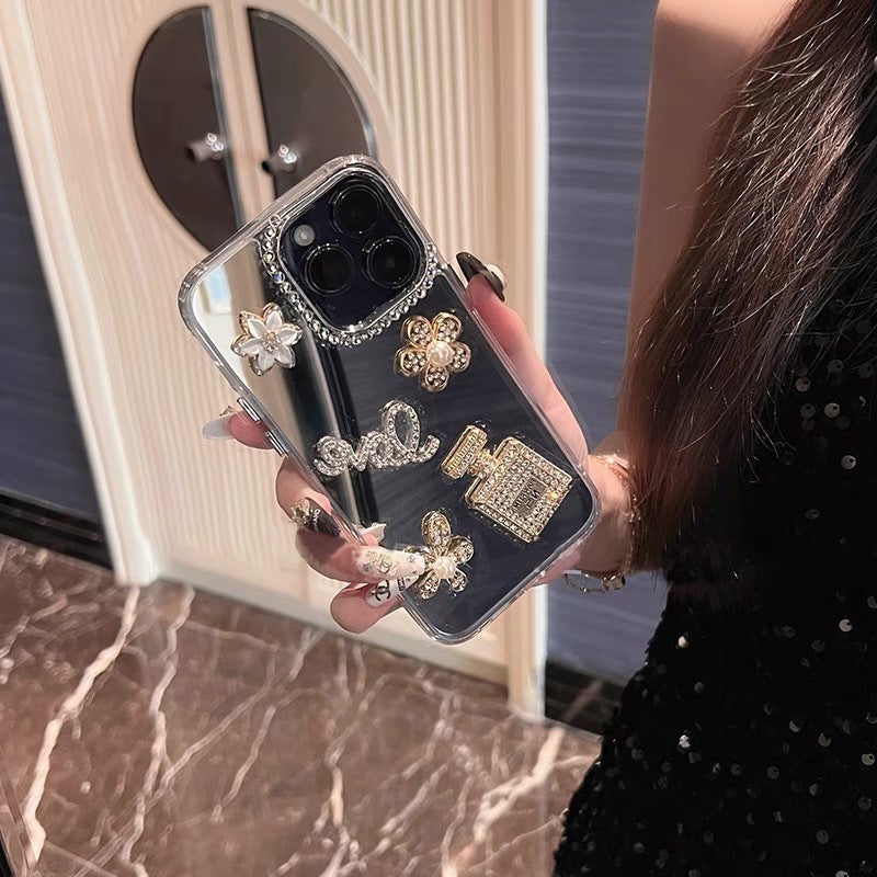 Mirror Luxury Rhinestone Perfume Bottle Mobile Phone Case Suitable for Iphone16Pro Flower Apple 17 High-End Women''s Model - Image 1