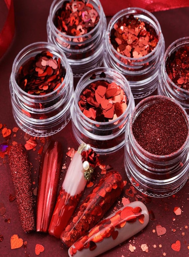 MANGOIT Red Nail Glitter Powder Heart Nail Sequins 6 Jars Valentine Love Heart Nail Art Flakes Powder Kit for Acrylic Valentine Christmas Nails Decorations DIY Crafts - Image 1