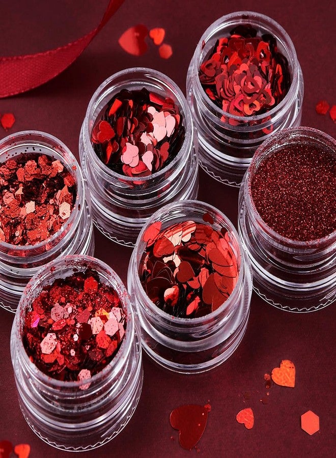 MANGOIT Red Nail Glitter Powder Heart Nail Sequins 6 Jars Valentine Love Heart Nail Art Flakes Powder Kit for Acrylic Valentine Christmas Nails Decorations DIY Crafts - Image 2