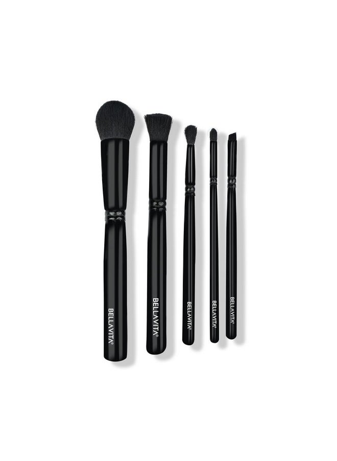 BELLAVITA BELLAVITA Makeup Brushes Set Of 5 | Premium Easy To Hold & Precise Application For Face, Eyes & Brows | Soft Bristles | Makeup Brushes With Pouch| Black, 77.80 Gm  - Image 1