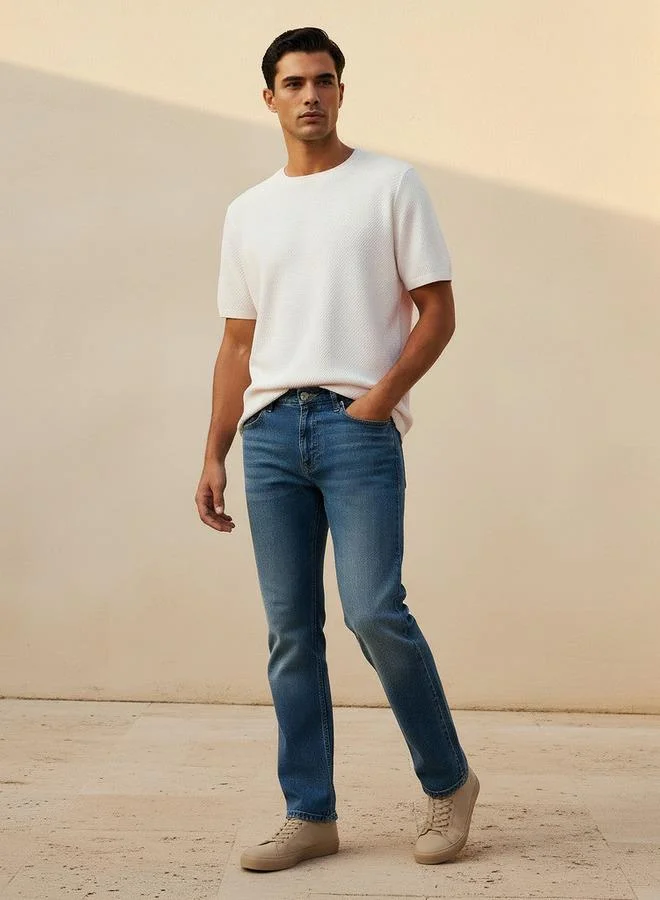Iconic WHITE Iconic Men Regular Fit Crew Neck Short Sleeves Popcorn Textured T shirt for Men | Best Price UAE