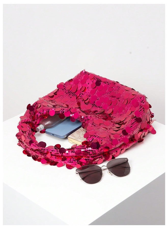 MakeMeChic Women's Sequin Evening Bag Glitter Sparkling Party Clutch Handle Bag Elegant Handbag Hot Pink One Size - Image 3