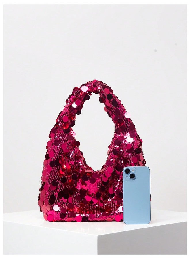 MakeMeChic Women's Sequin Evening Bag Glitter Sparkling Party Clutch Handle Bag Elegant Handbag Hot Pink One Size - Image 5