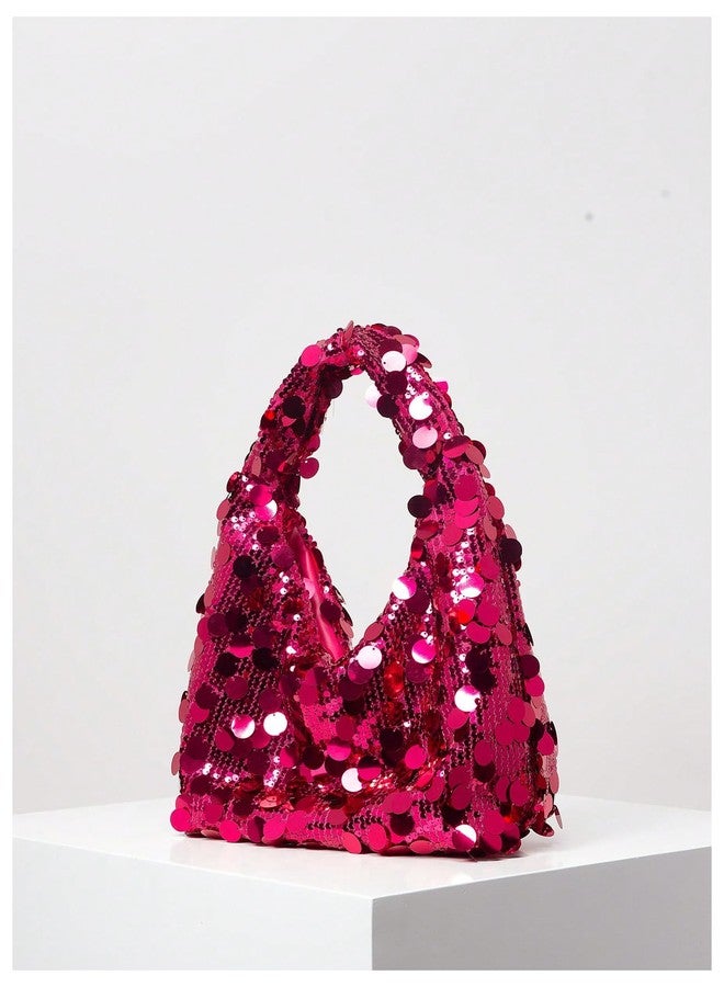 MakeMeChic Women's Sequin Evening Bag Glitter Sparkling Party Clutch Handle Bag Elegant Handbag Hot Pink One Size - Image 2
