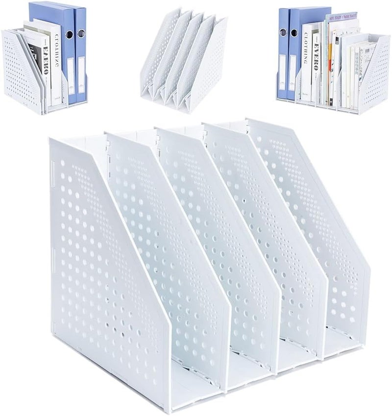 FRETONBA Collapsible Magazine File Holder with 4 Vertical Compartments Foldable Binder Holder for Desk Binder Storage Organizer Plastic Magazine Holders for Shelf, Light Gray - Image 1