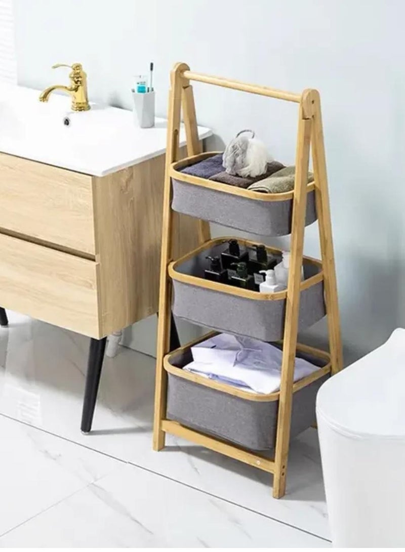 حامل تخزين و سلة غسيل بتصميم قابل للفصل من 3 طوابق خشبي /رمادي 108X45X31 سم - Image 3