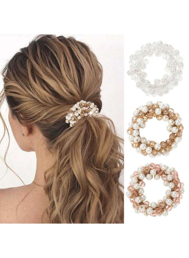Unicra Pearl Hair Ties Beaded Fancy Elastic Hair Scrunchies Set Fashion Decorative Ponytail Holder Pearls Hair Accessories for Women and Girls 3PCS (Rhinestone) - Image 1