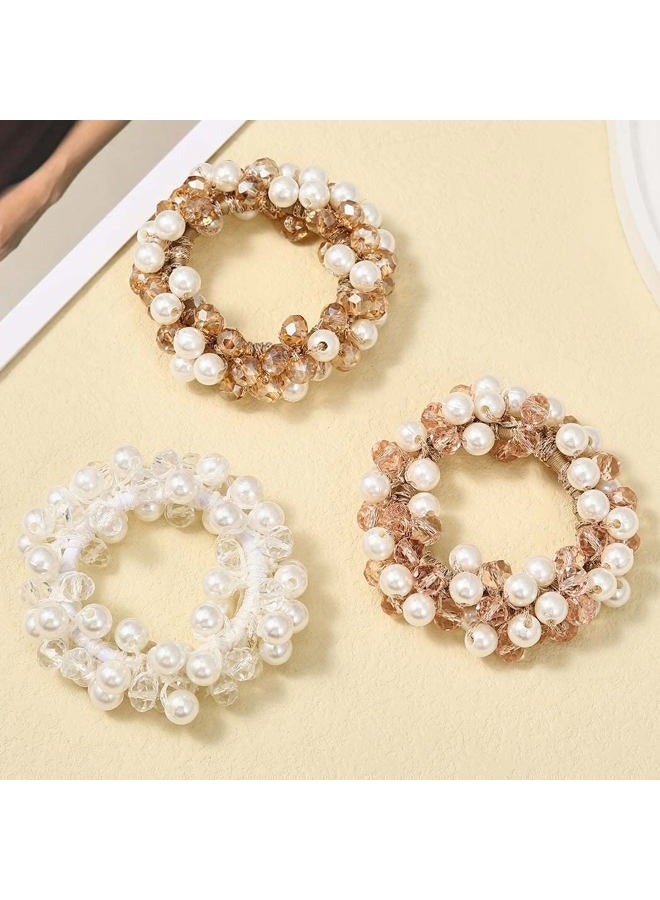 Unicra Pearl Hair Ties Beaded Fancy Elastic Hair Scrunchies Set Fashion Decorative Ponytail Holder Pearls Hair Accessories for Women and Girls 3PCS (Rhinestone) - Image 3