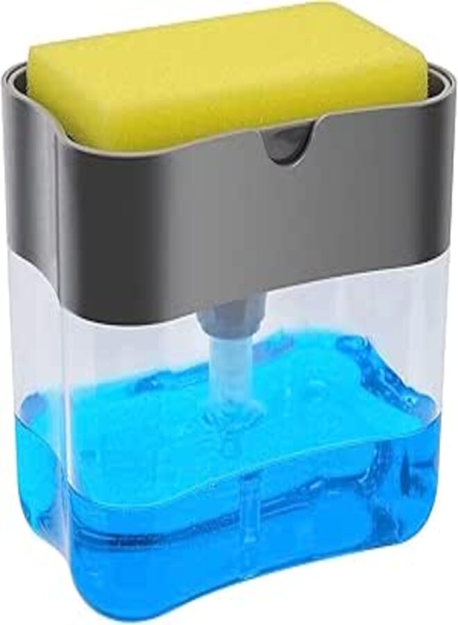 Kitchen Countertop Soap Dispenser,One-Handed Operation Instant Refill,Liquid Pump Sponge Holder 2-in-1 Save Sink Space(Gray,13 Ounce,Rust Proof)