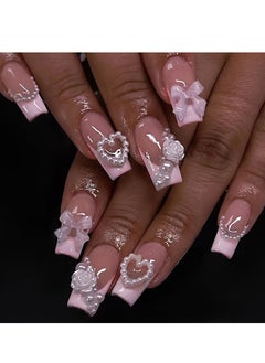 JOSQUEWNN Press on nails, 24PCS,Long Pipe Wearable Nail Tips with French Heart Pearl Fake Nails, Removable Nail Stickers, 24-Piece Fashion Set,Fake Acrylic Nails With Glue Kit.  - Image 1