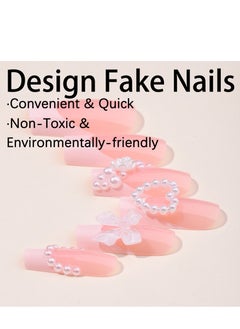 JOSQUEWNN Press on nails, 24PCS,Long Pipe Wearable Nail Tips with French Heart Pearl Fake Nails, Removable Nail Stickers, 24-Piece Fashion Set,Fake Acrylic Nails With Glue Kit.  - Image 3
