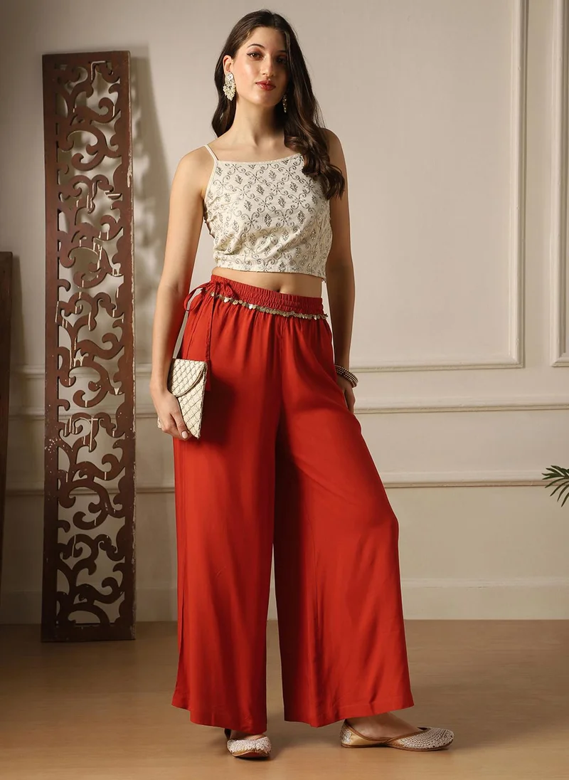 globus Globus Women Rust Lace Insert Drawstring Waist Wide Leg Flared Palazzo