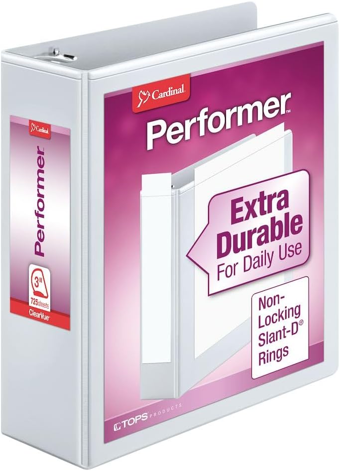 Cardinal Performer 3-Ring Binder, 3", Non-Locking Slant-D Rings, 725-Sheet Capacity, ClearVue Presentation Binder, Nonstick, PVC-Free, White (17600CB) - Image 1