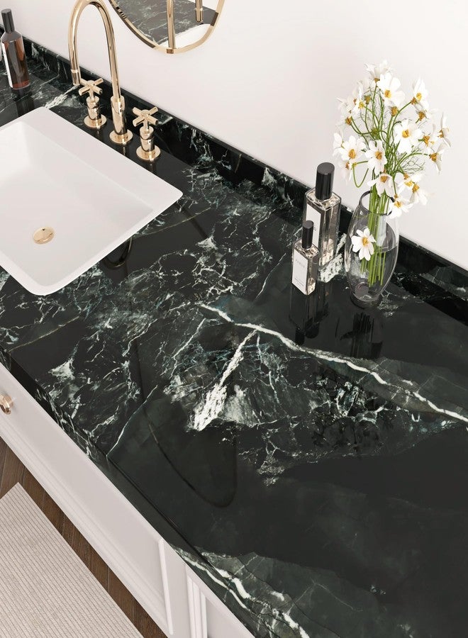Wallercity Emerald Green/Black Marble Contact Paper for Bathroom Kitchen Waterproof Peel and Stick Coutnertops Wallpaper 15.8''x78.7'' Glossy Black/Cyan Marble Vinyl Stick Paper for Furniture Decor - Image 5