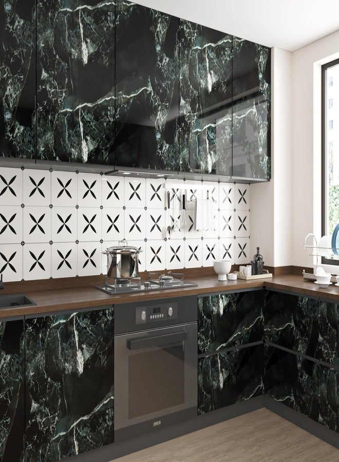 Wallercity Emerald Green/Black Marble Contact Paper for Bathroom Kitchen Waterproof Peel and Stick Coutnertops Wallpaper 15.8''x78.7'' Glossy Black/Cyan Marble Vinyl Stick Paper for Furniture Decor - Image 2