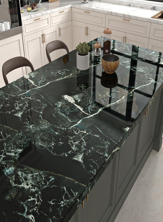Wallercity Emerald Green/Black Marble Contact Paper for Bathroom Kitchen Waterproof Peel and Stick Coutnertops Wallpaper 15.8''x78.7'' Glossy Black/Cyan Marble Vinyl Stick Paper for Furniture Decor - Image 1