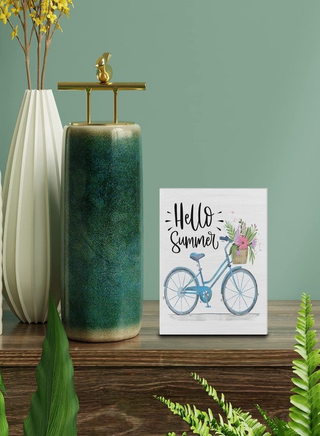 YIDOU Country Hello Summer Wood Box Sign Decor Desk Sign Summer Quote Floral and Bicycle Wooden Box Block Sign Rustic Home Shelf Wall Decoration - Image 3