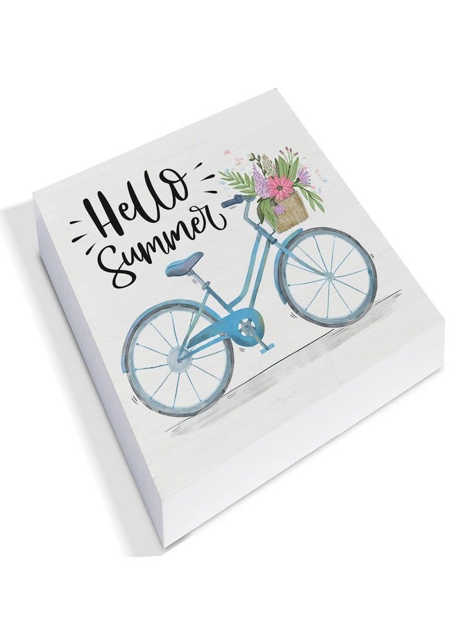 YIDOU Country Hello Summer Wood Box Sign Decor Desk Sign Summer Quote Floral and Bicycle Wooden Box Block Sign Rustic Home Shelf Wall Decoration - Image 2