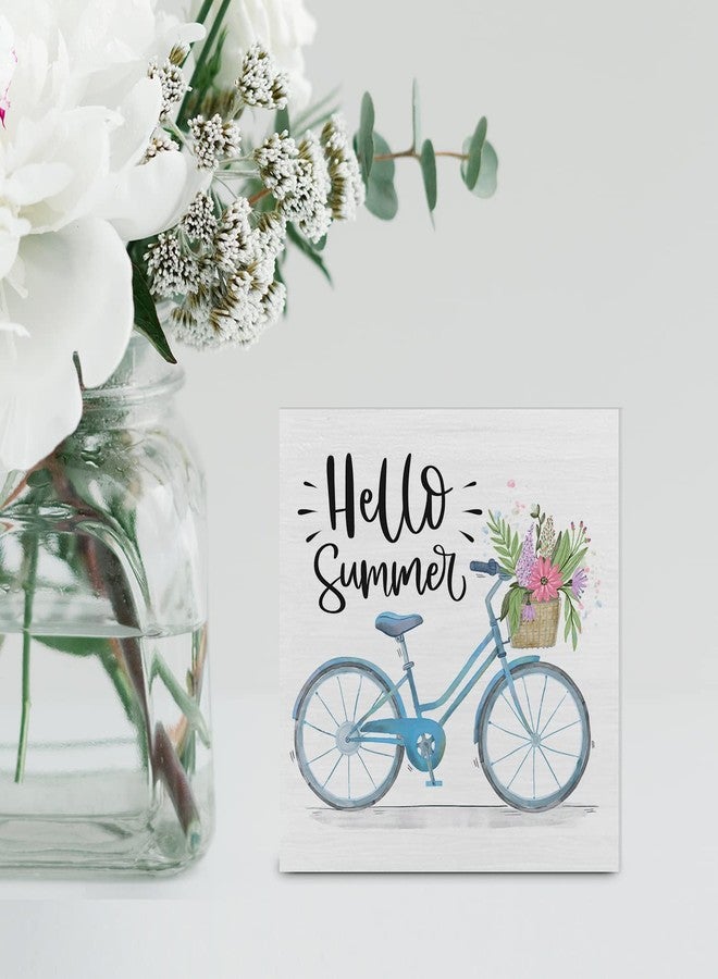 YIDOU Country Hello Summer Wood Box Sign Decor Desk Sign Summer Quote Floral and Bicycle Wooden Box Block Sign Rustic Home Shelf Wall Decoration - Image 5