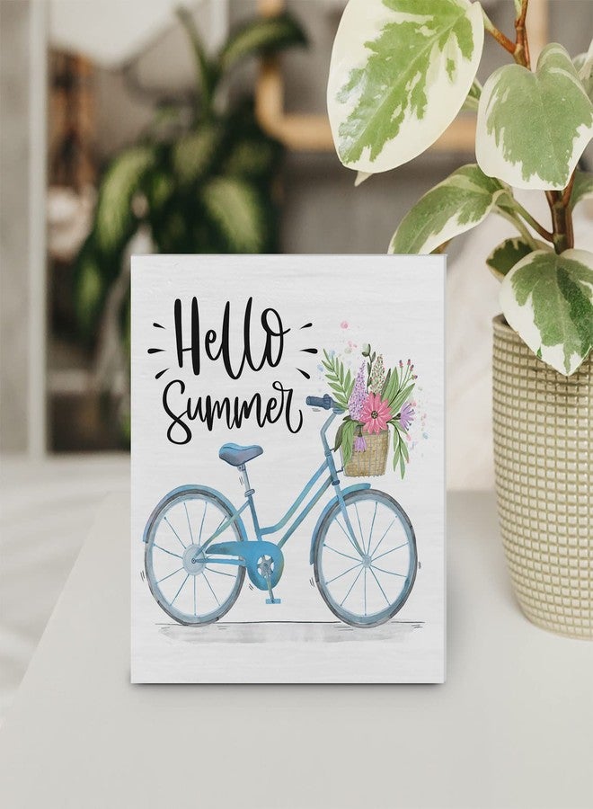 YIDOU Country Hello Summer Wood Box Sign Decor Desk Sign Summer Quote Floral and Bicycle Wooden Box Block Sign Rustic Home Shelf Wall Decoration - Image 4