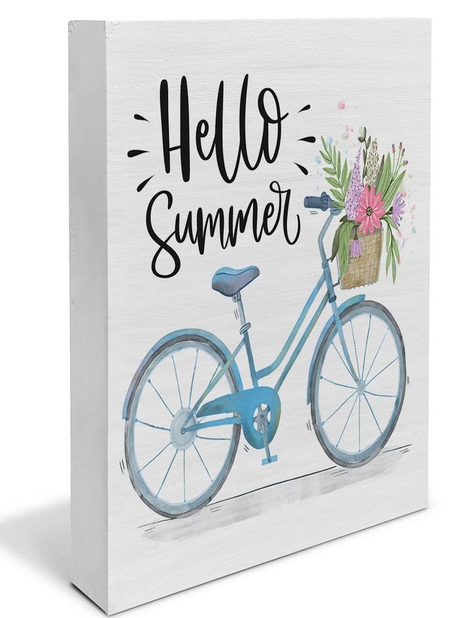 YIDOU Country Hello Summer Wood Box Sign Decor Desk Sign Summer Quote Floral and Bicycle Wooden Box Block Sign Rustic Home Shelf Wall Decoration - Image 1