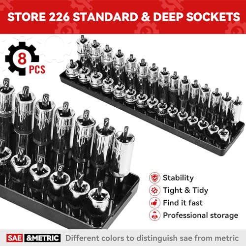 AIUITIO 8PCS Socket Organizer Tray SetSAE Metric Socket Trays 2PCS 14 4PCS 38 2PCS 12 Drive Deep and Shallow Socket Holders for Toolboxes 8pcs socket organizer - Image 3