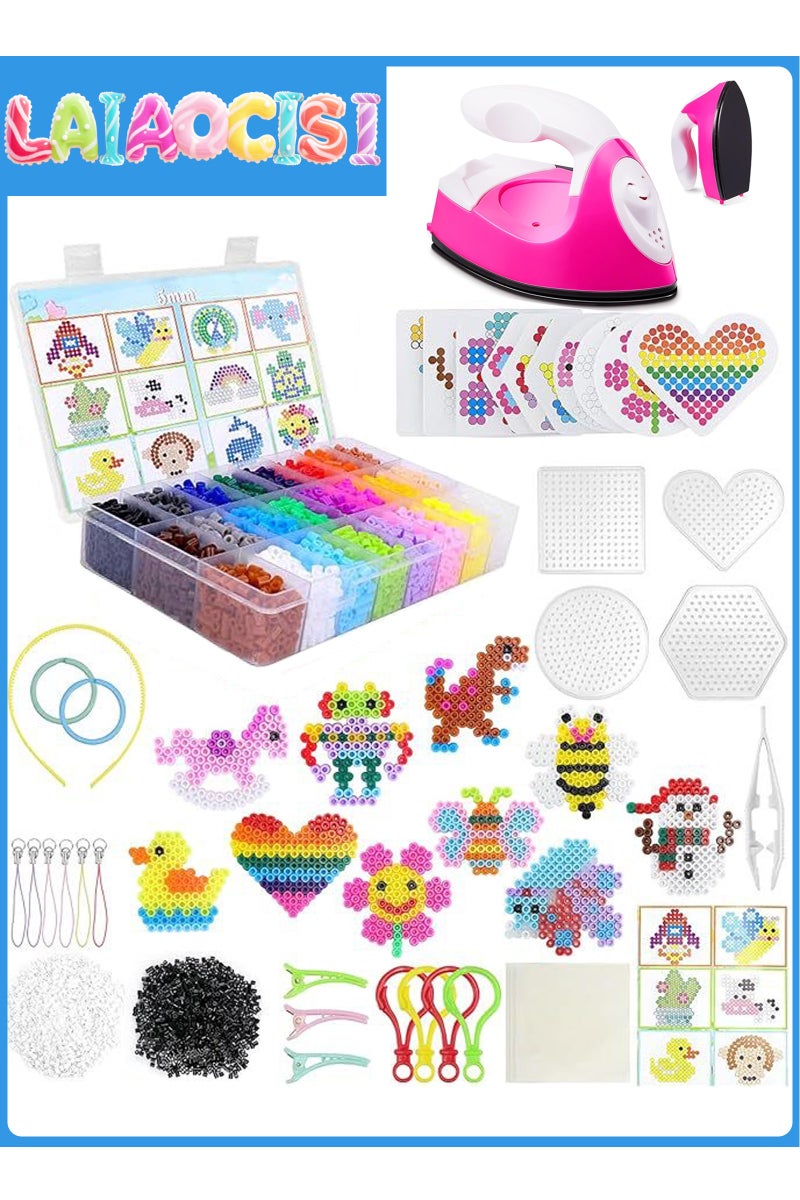 LAIAOCISI Fuse Beads Kit Art Crafts Set for Boys and Girls, 24 Colors 5mm Melting Iron Beads Set Including Mini Craft Iron, Pegboards, Ironing Paper, Tweezers, Colorful Hooks, Headbands and Hairpins (Accessories are colored randomly)  - Image 1