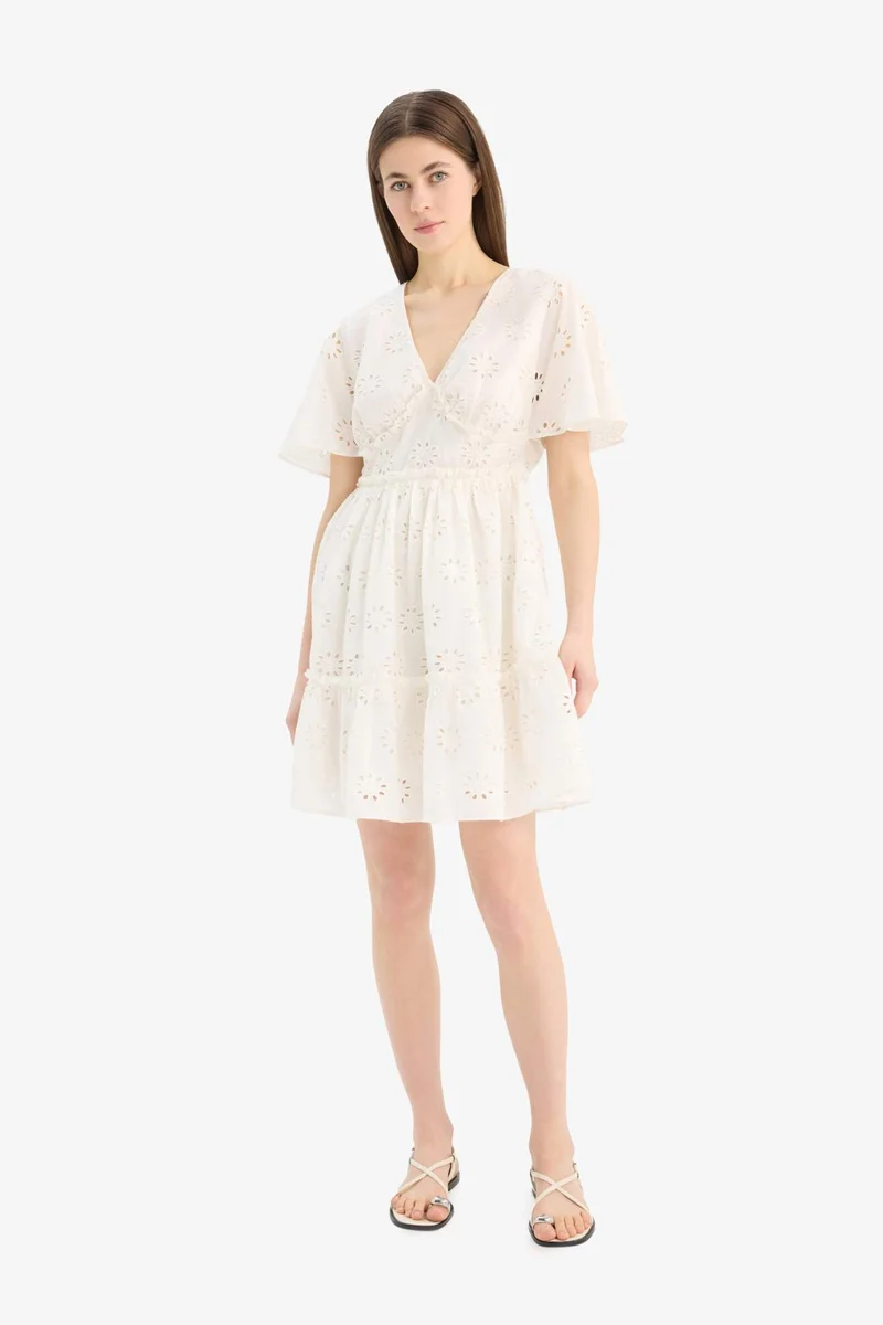 ديفاكتو V-Neck Cotton Butterfly Sleeves Mini Dress