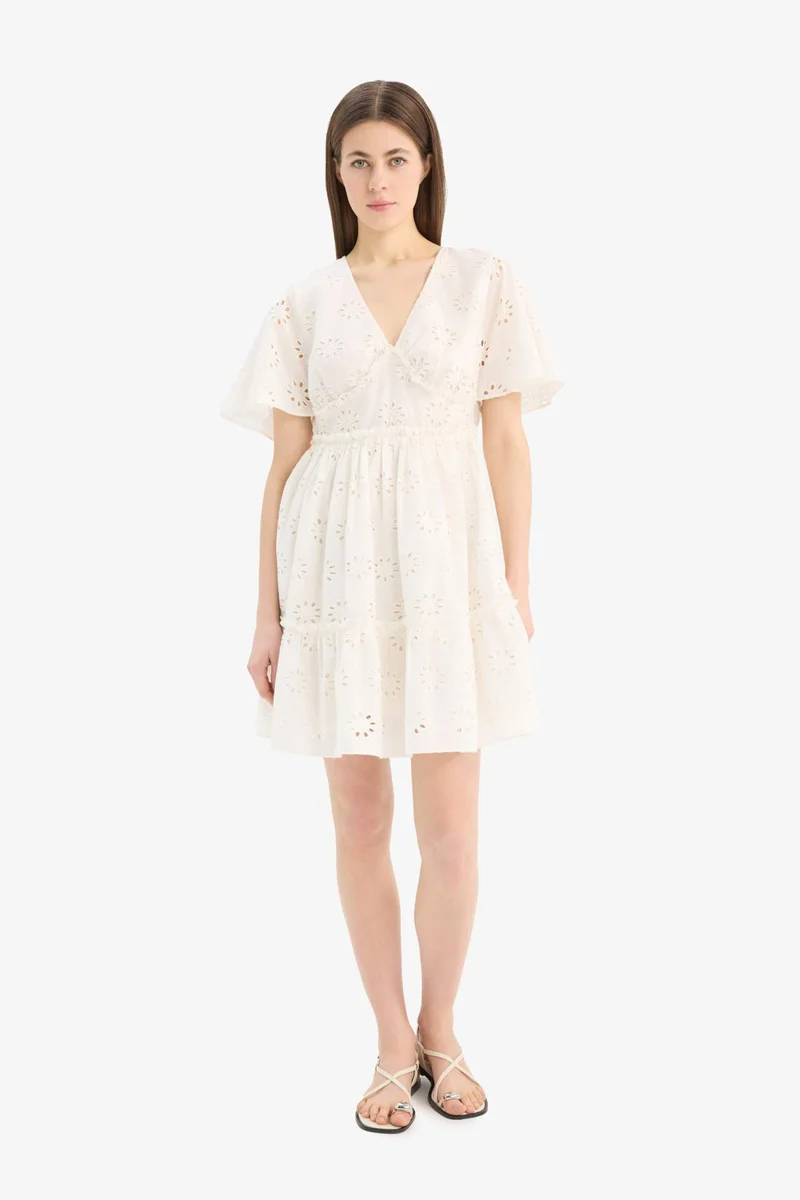ديفاكتو V-Neck Cotton Butterfly Sleeves Mini Dress