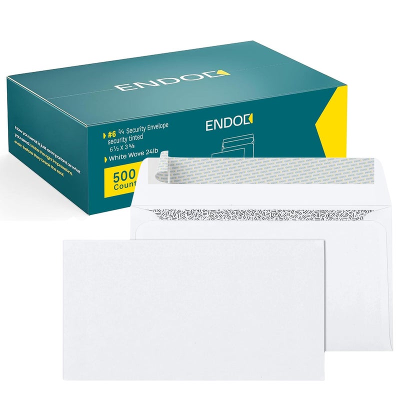 أظرف أمان EnDoc 6 34 ذاتية الإغلاق 500 عدداً 6 12 × 3 58 بوصة مع نافذة ملونة خاصة للاستخدام الشخصي والتجاري جودة ورق 24 رطل أظرف بيضاء ساطعة