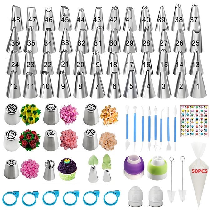 130 PCS PIPING BAGS AND TIPS SET WITH 48 NUMBERED ICING TIPS7 RUSSIAN TIPS1 BALL TIP2 LEAF TIPSPATTERN CHART8 CARVED PENS4 COUPLERS6 TIES50 DISPOSABLE PASTRY BAGS FOR CAKE DECORATING