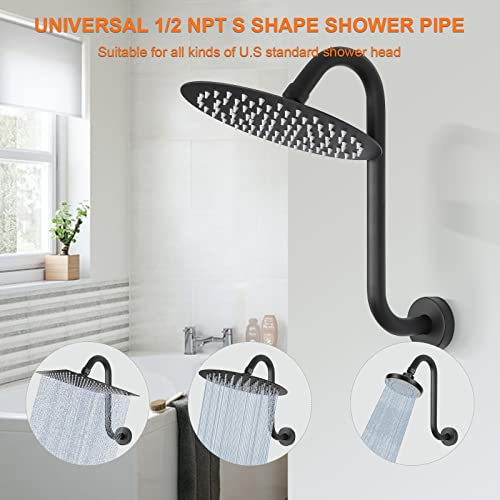 HarJue S Shaped Shower Arm, High Rise Shower Head Extension Pipe Standard 1/2" Connection with Flange, Awesome Shower Experience-Stainless Steel Bathroom Accessory(13 Inch S Shape, Matte Black) - Image 3