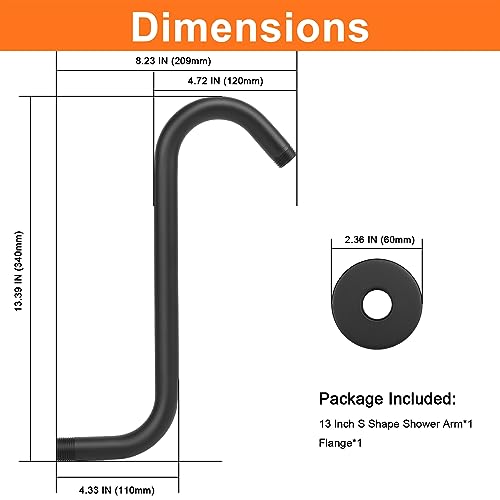 HarJue S Shaped Shower Arm, High Rise Shower Head Extension Pipe Standard 1/2" Connection with Flange, Awesome Shower Experience-Stainless Steel Bathroom Accessory(13 Inch S Shape, Matte Black) - Image 2