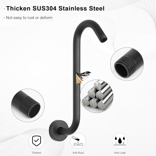 HarJue S Shaped Shower Arm, High Rise Shower Head Extension Pipe Standard 1/2" Connection with Flange, Awesome Shower Experience-Stainless Steel Bathroom Accessory(13 Inch S Shape, Matte Black) - Image 4