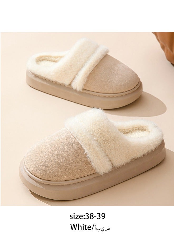 A Pair Of Warm And Comfortable Winter Cotton Slippers, Simple And Stylish Indoor Shoes, Warm Anti-Slip Thick Sole Slippers That Can Be Worn Outdoors, Round Toe，Size：38-39，White  - Image 1