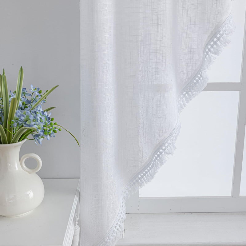 BD BEDA HOME Beda Home شرابة الكتان المحكم ستارة غنيمة الستار المطبخ مزارع المطبخ. أضاف تصفية الضوء الريفي القصيرة الغنيمة لخصوصية غرفة نوم نوافذ صغيرة تم إضافة تصميم جيب قضيب (أبيض 36x63-2pcs) - Image 4