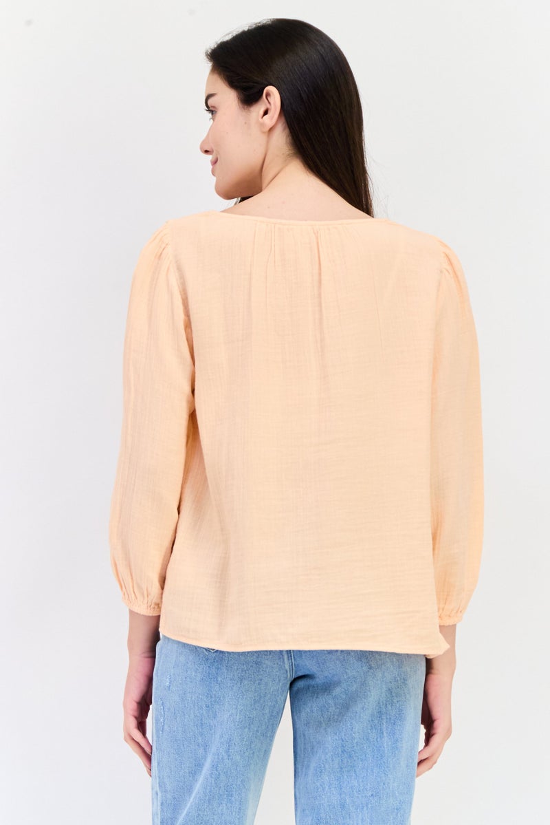 GAP Women V Neck Long Sleeves Textured Blouse, Light Peach - Image 3