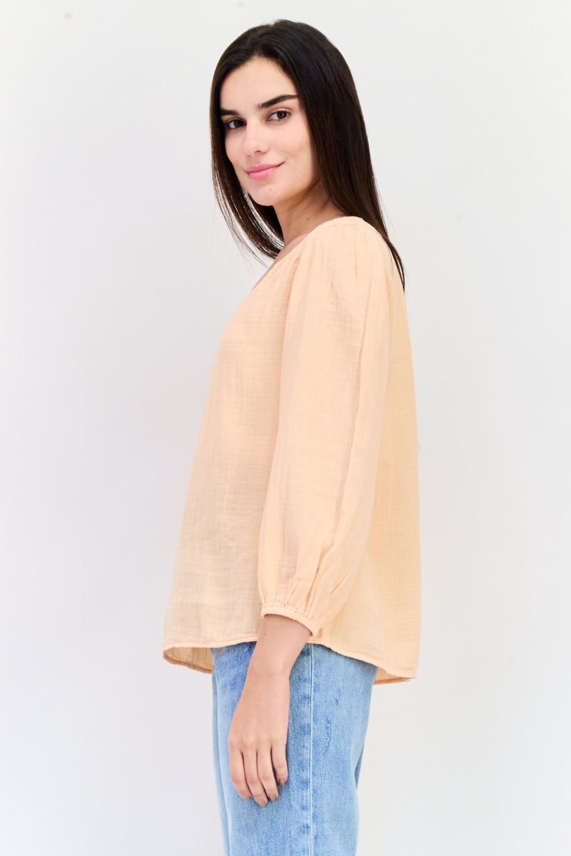 GAP Women V Neck Long Sleeves Textured Blouse, Light Peach - Image 4