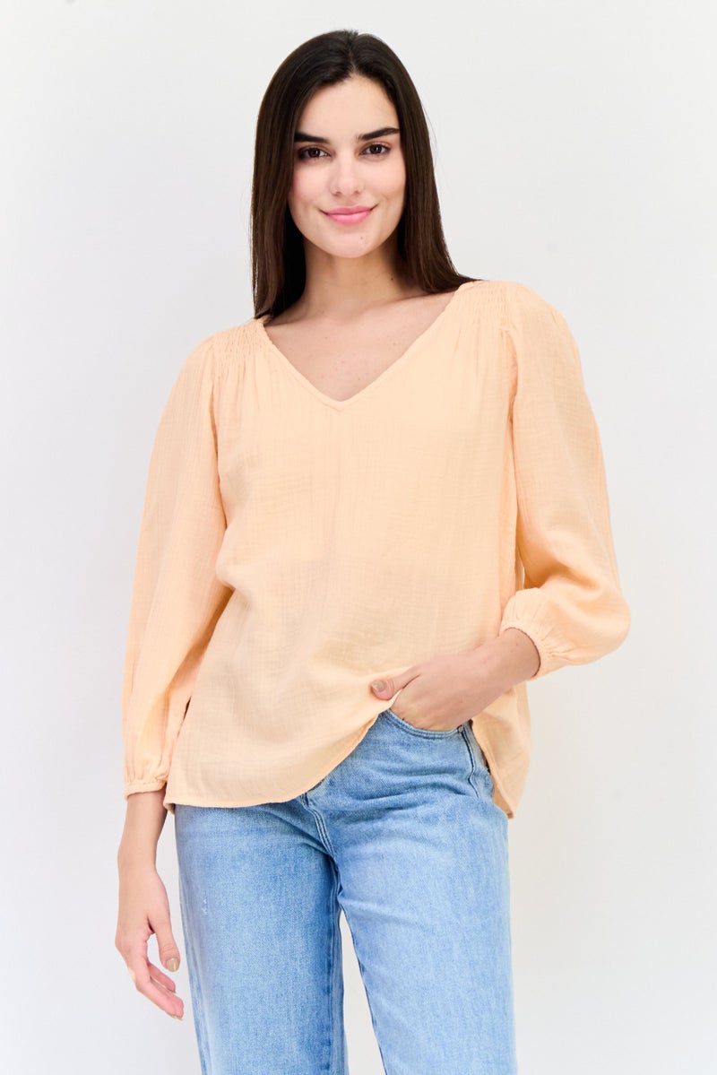 GAP Women V Neck Long Sleeves Textured Blouse, Light Peach - Image 1