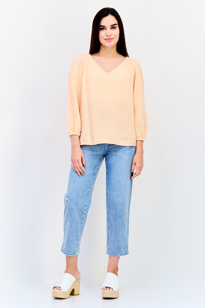 GAP Women V Neck Long Sleeves Textured Blouse, Light Peach - Image 2