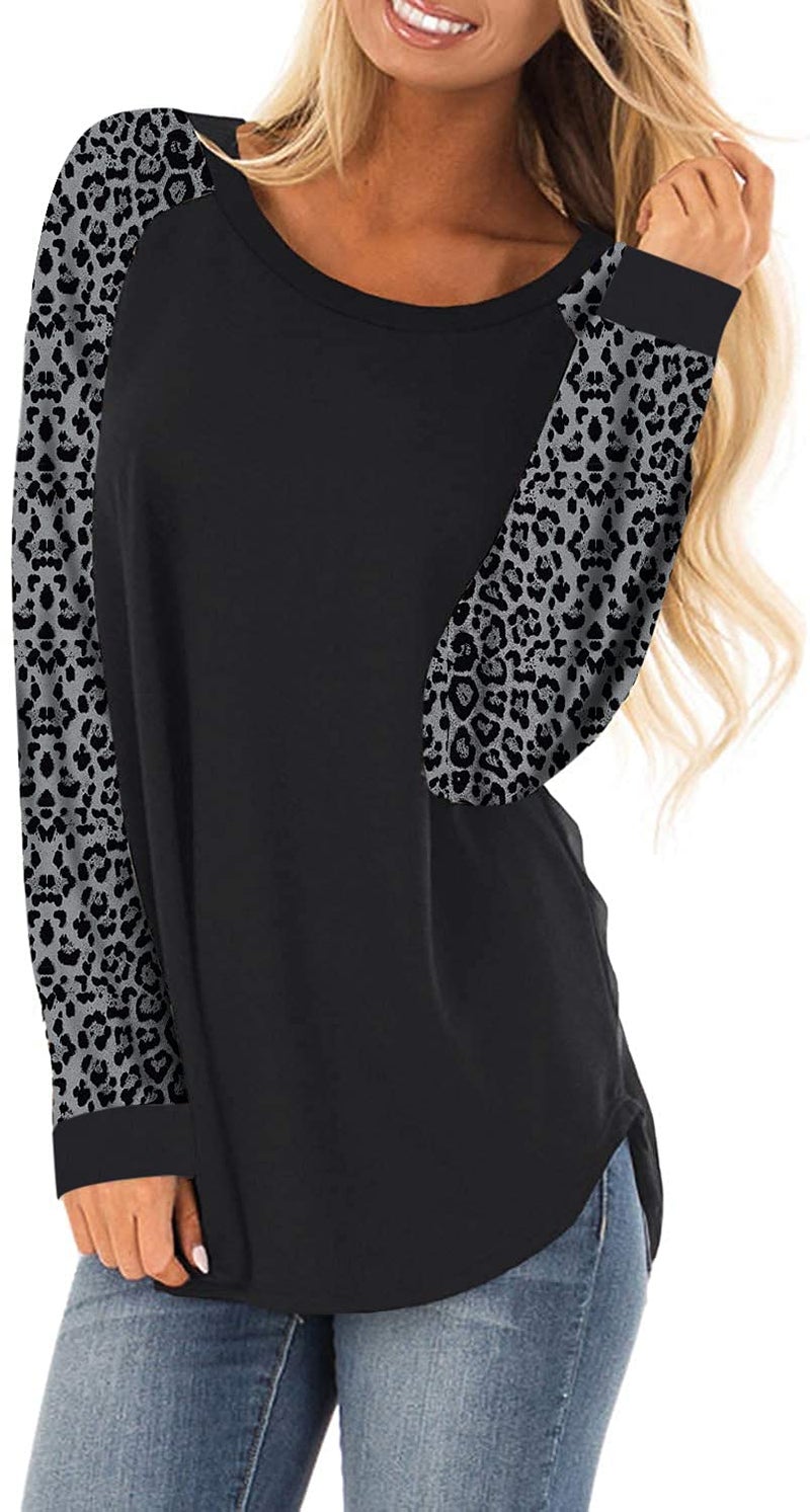 HARHAY 2025 Women's Cotton Knitted Long Sleeve Lightweight Tunic Sweatshirt Tops Black/Grey Leopard-XL